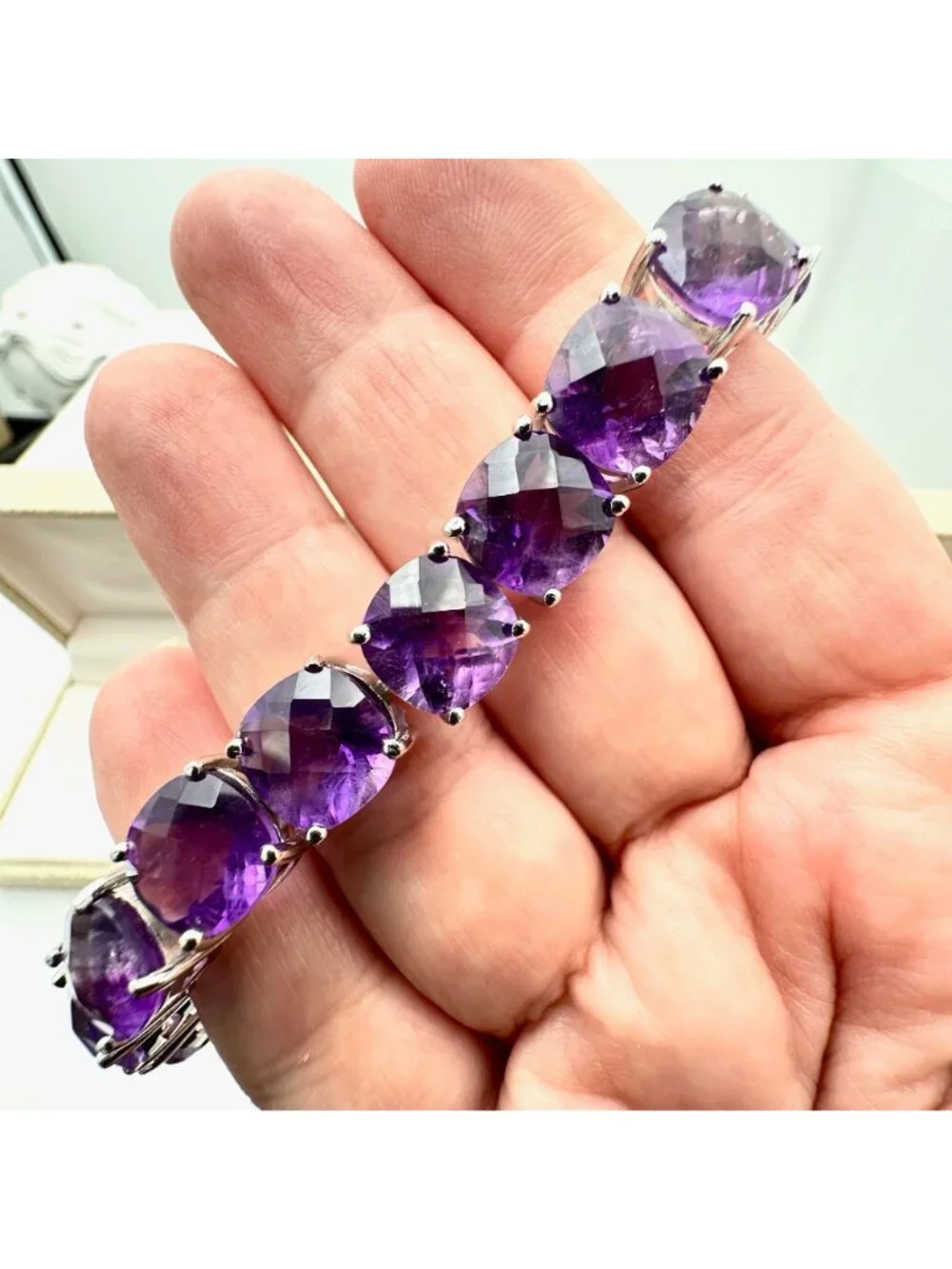 African Amethyst Sterling Silver Bracelet 55 Carats Cushion Cut Checkerboard